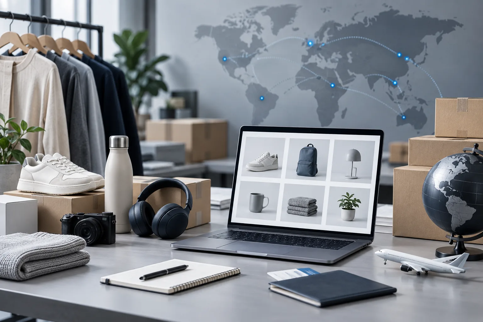 Cross-border e-commerce workspace with products, shipping parcels, and global routes